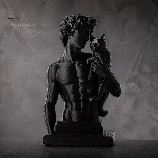 Muscular David Figurine 3D Printed Statue with Cat, European Classic Art Sculpture Stylish Living Room Decor for Home Office Decor, Modern Desktop
