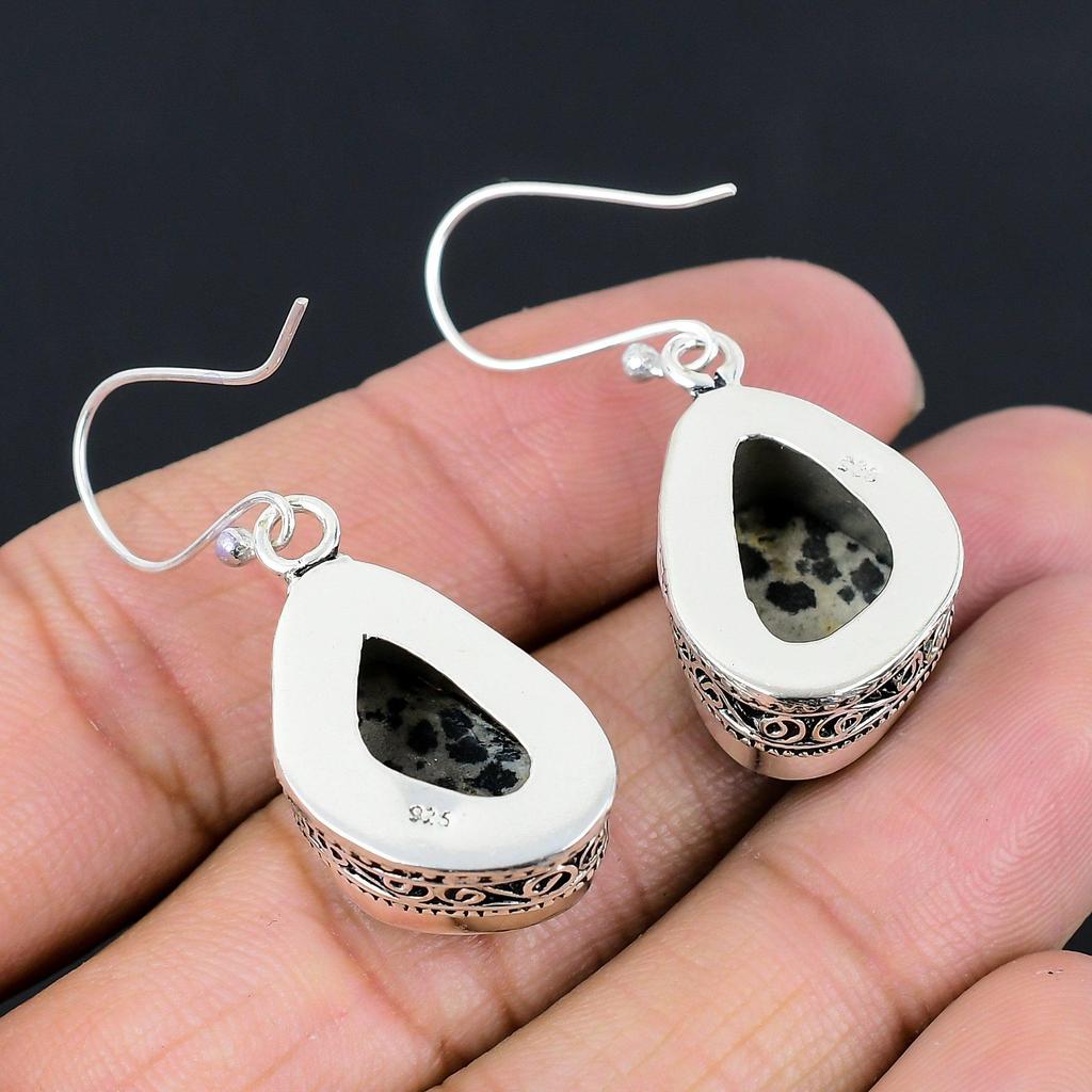 Gift For Her 925 Silver Natural Dalmatian Jasper Drop/Dangle Vintage Earrings
