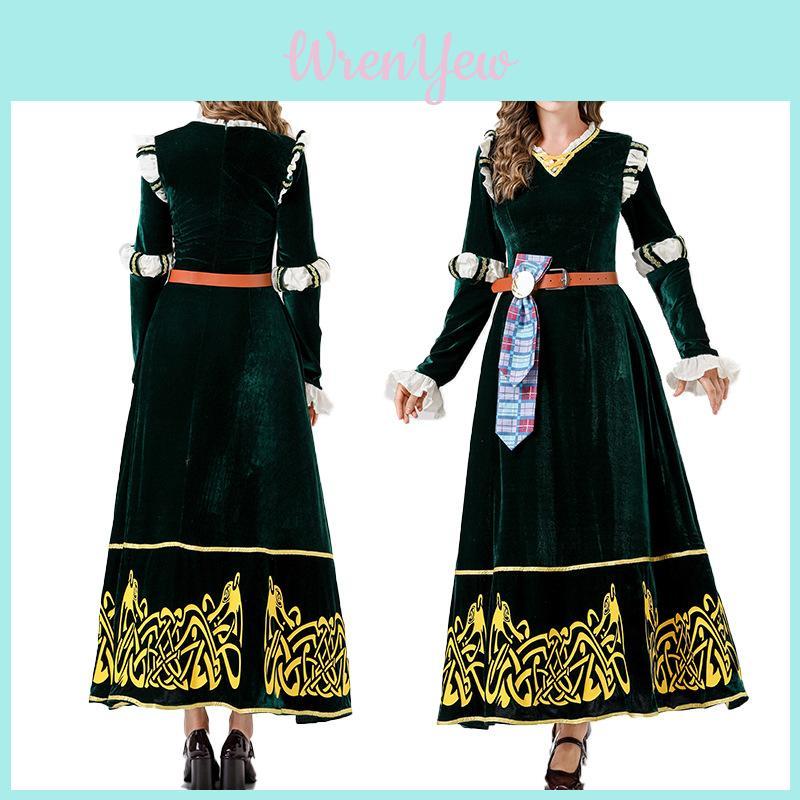 European Medieval Queen Costume With Green Velvet Cotton Fabric For Halloween Cosplay Party