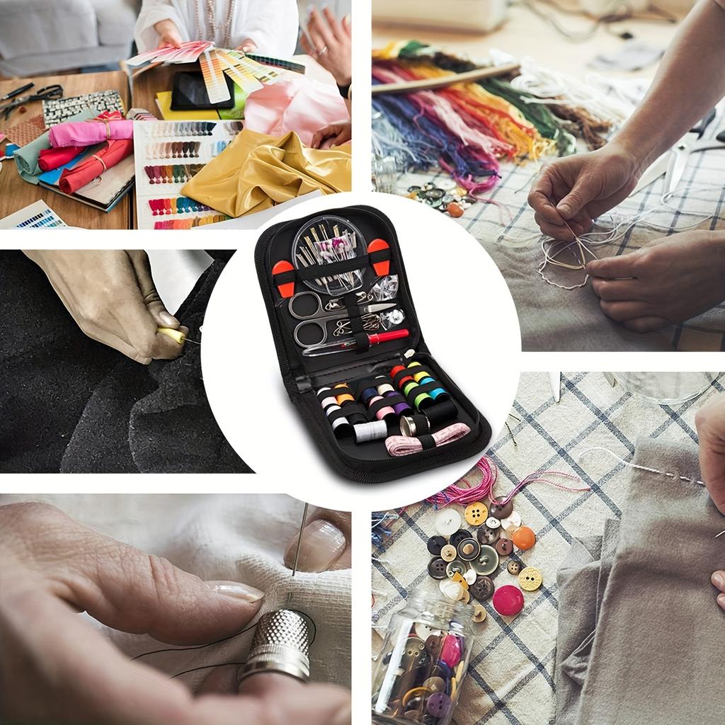 Portable Black Sewing Kit for Home, Beginners, Travel, DIY Sewing - Complete with Needles, Scissors, Threads, Measuring Tape & More