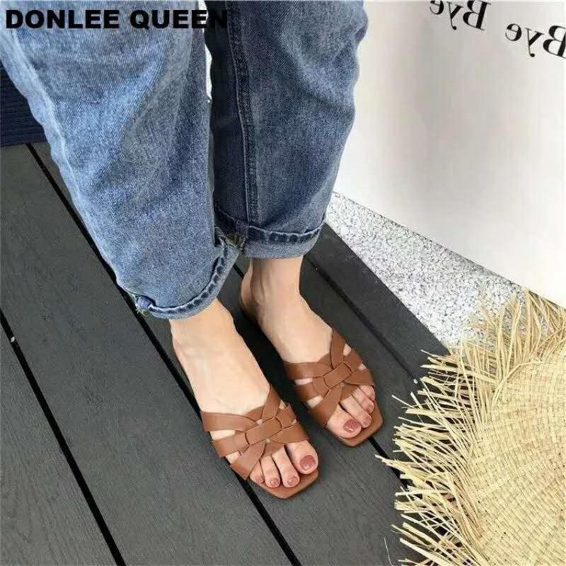 Summer new sandals large size flat bottom square head casual hollow beach shoes women's slippers snals