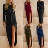 Women's Casual Color Long-sleeved Waistband Slim Irregular Dress