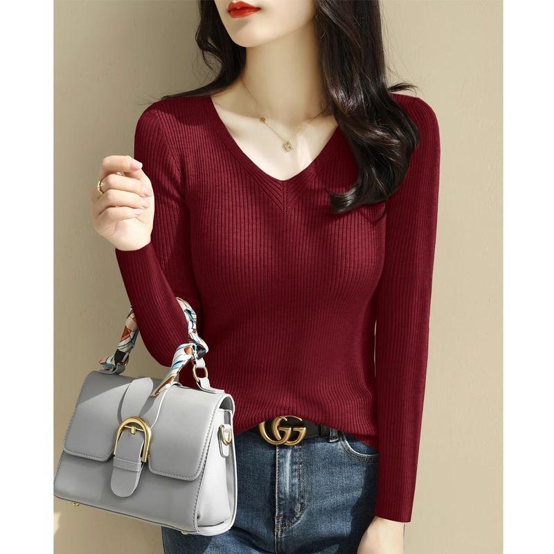 

Classy Gray V-neck Inner Wear Knitting Shoulder Bottoming Shirt Wine red ~ Long sleeves M