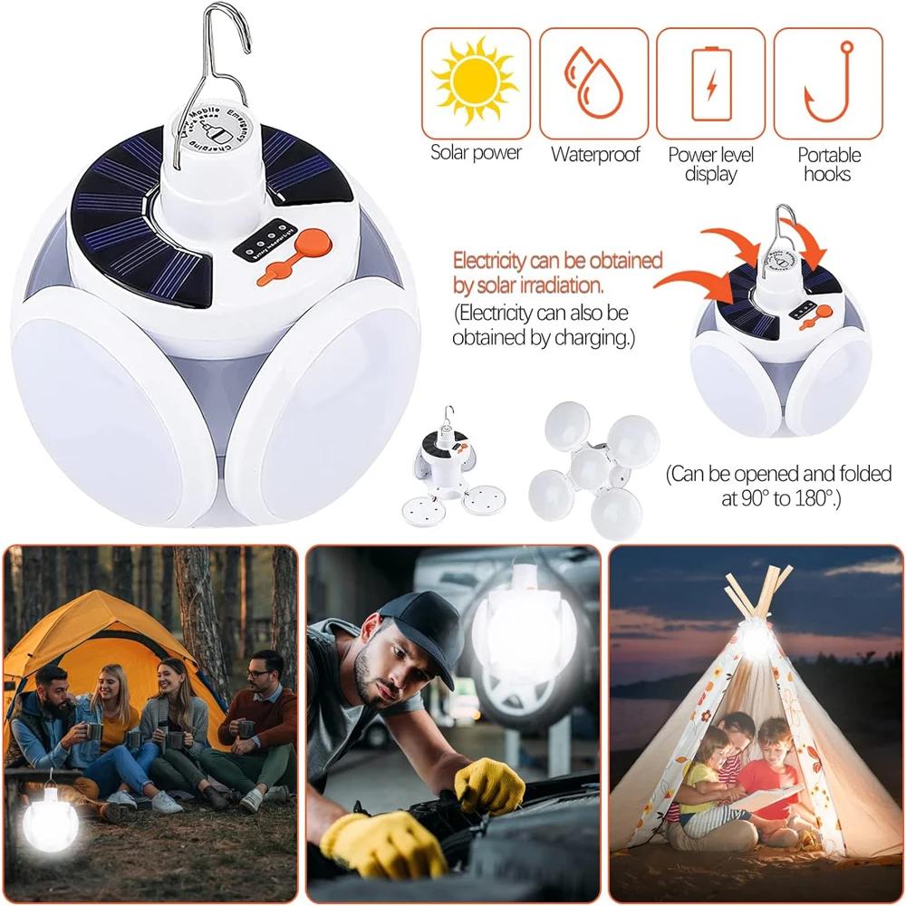 Solar Camping Lantern Portable Tent Lamp Folding LED Football Bulbs Rechargeable USB Camping Light for Home Office Tent Car Lamp