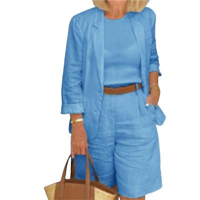 Einfaches Damen-Outfit, Revers, locker sitzende Knöpfe, elastische Taille, Shorts, Leinenanzug