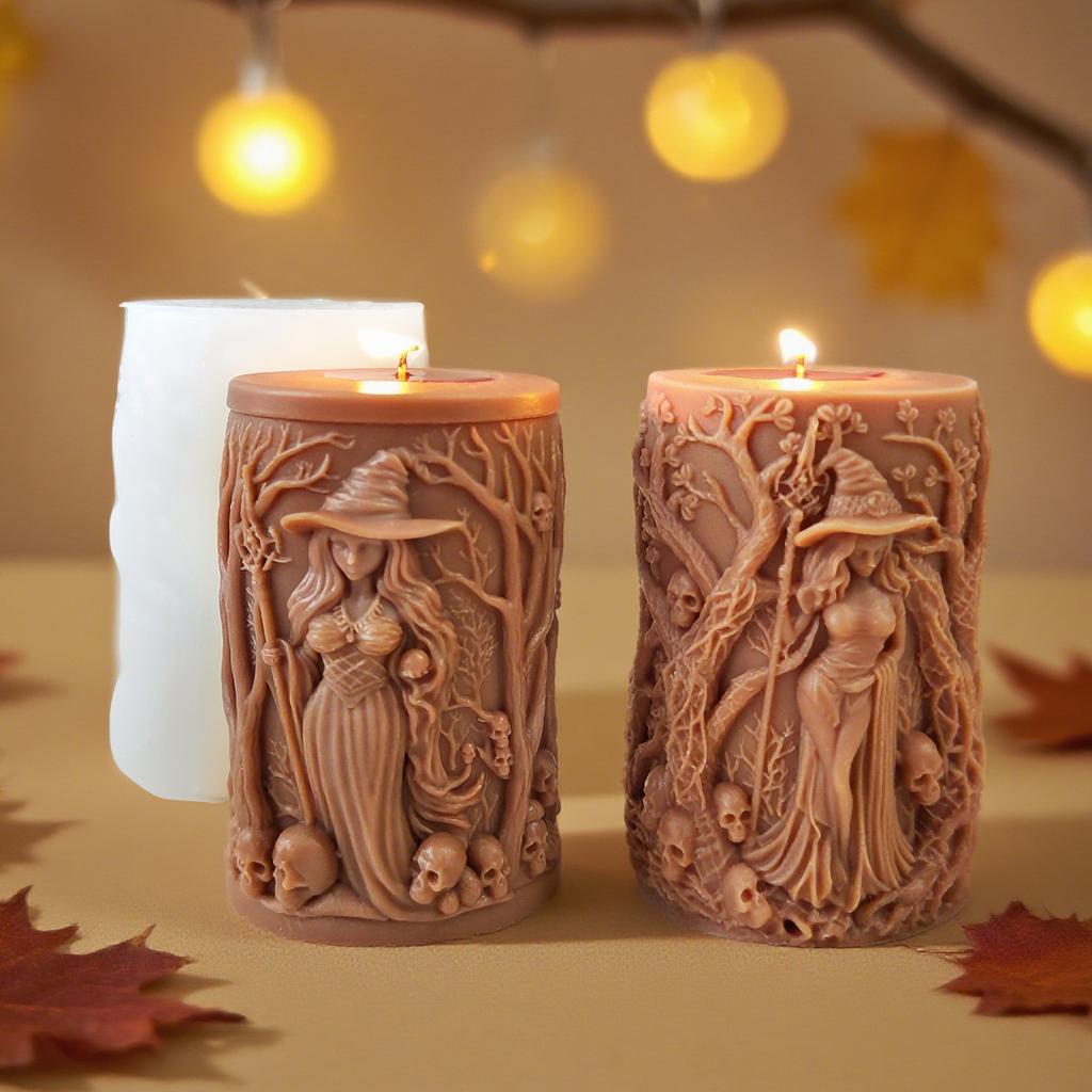 3D Relief Häxkalle Cylinder Silikon Ljusform Halloween Aromljus Gips Hartsform DIY Ljusgjutningsmaterial