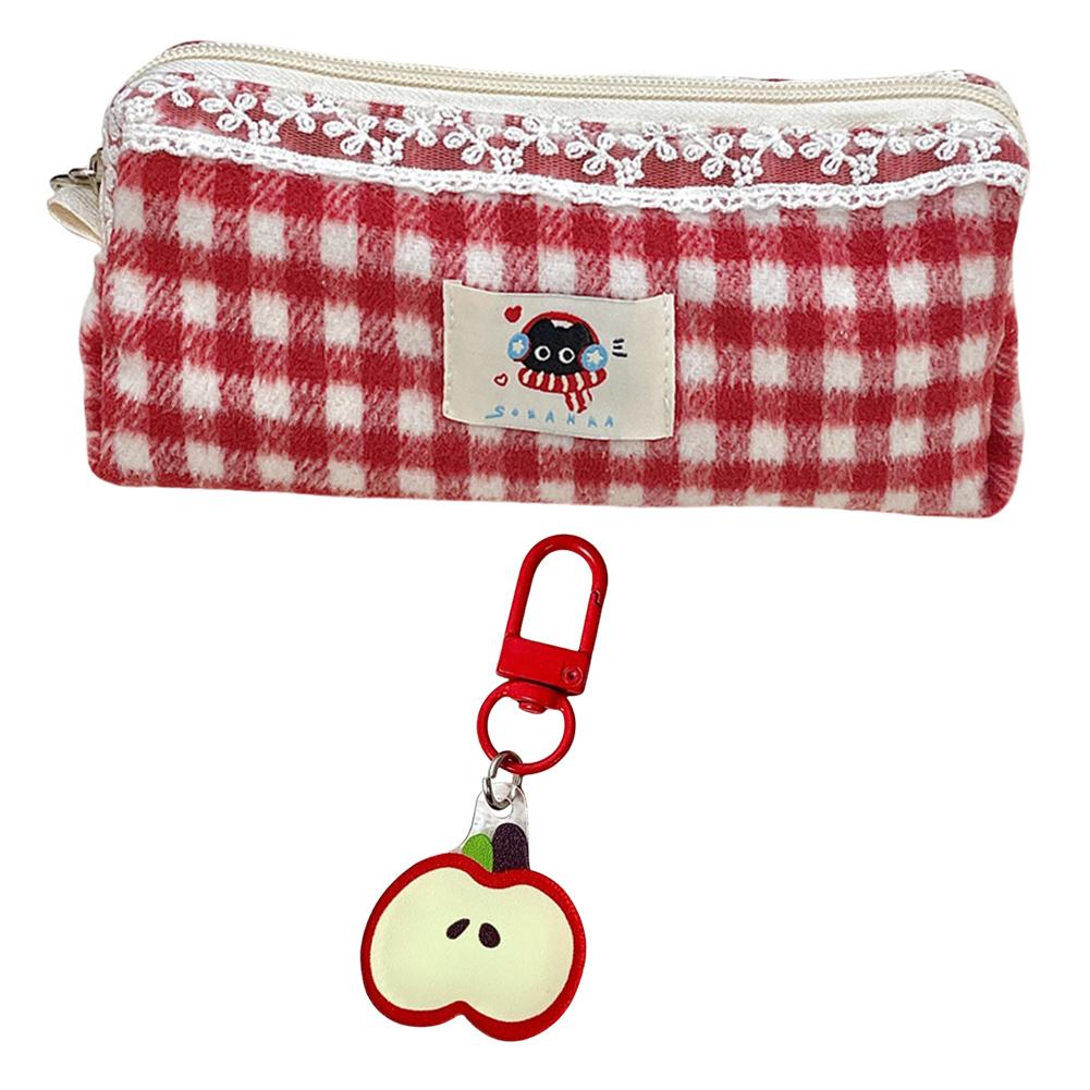 

Cute Kitty Pencil Pouch with Apple Pendant Pencil Case Plaid Stationery Organizer for Girl Students