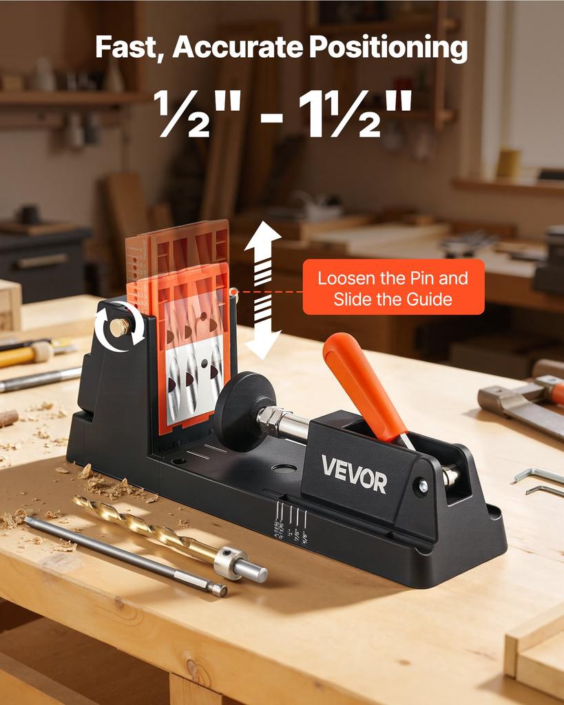 VEVOR Pocket Hole Jig Kit, 12.7 To 38.1 Mm Adjustable, Lightweight Jig Pocket Hole System with Dust Collection Adapter, Detachable Guide Block