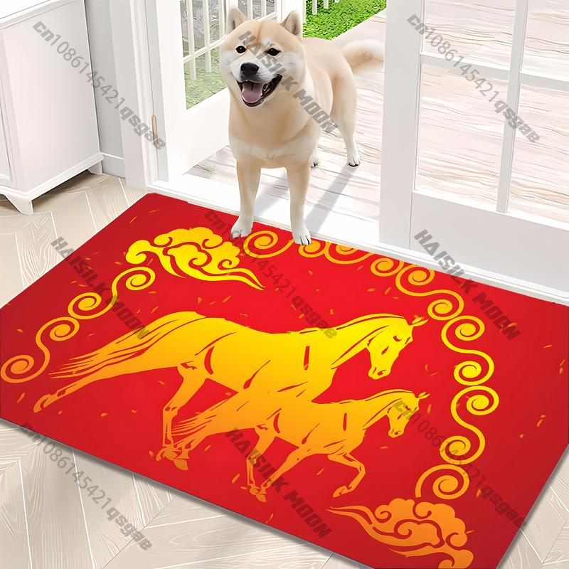 1PC Chinese Style Zodiac Malone Horse Dragon Theme Printed Carpet, Rugged for Living Room Bedroom, Door Decor Mat, Holiday Gifts