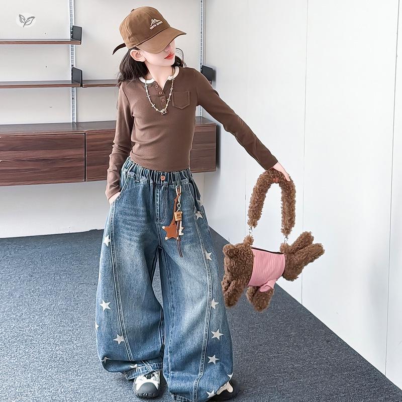 Mädchen Jeans mit Sternenprint und weitem Bein, Herbst 2026 Kollektion, für mittelgroße und große Kinder - Lockere Dad Style Lange Hose