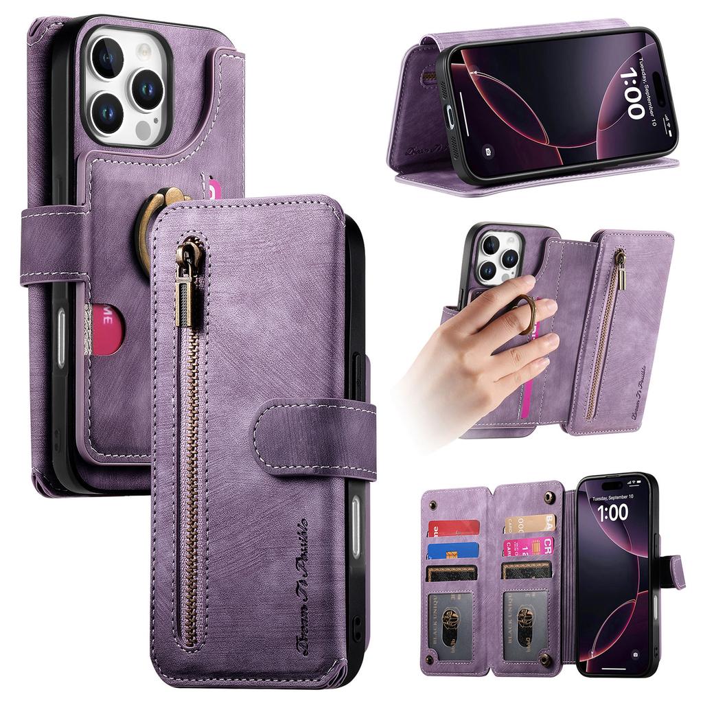 Luxury Zipper Cards Solt Wallet Leather Flip Case For iPhone 16 Pro Max 15 Plus 14 13 12 11 Ring Holder Purse Bag Cover Fundas