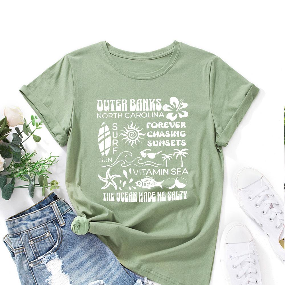 Alphabet Cotton T-Shirt Short Sleeve Round Neck Women 2d Print Tops