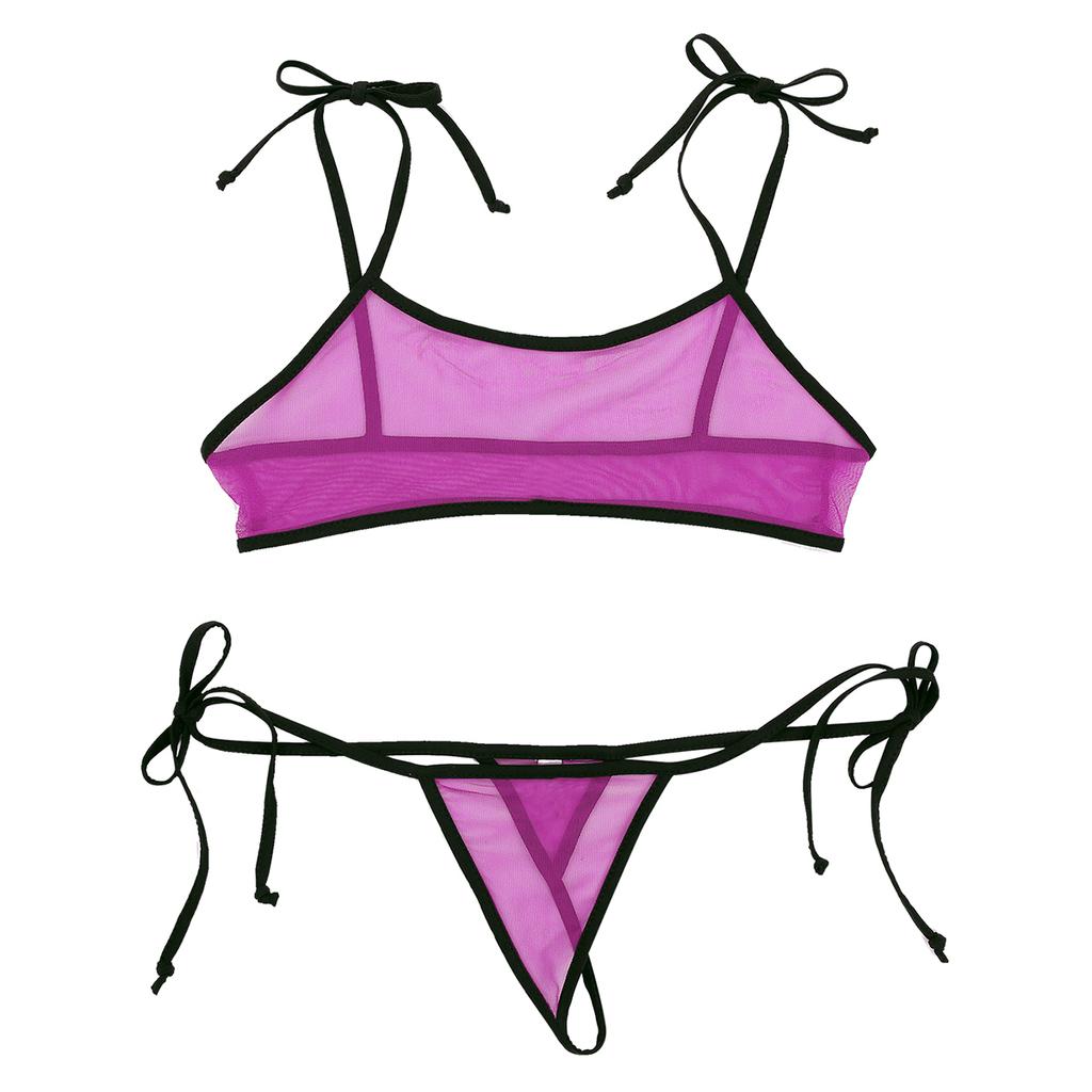 Women's Swimsuit Spaghetti Straps Self-Tie Bra Top with Briefs Sheer Mesh Bathing Suit Beachwear