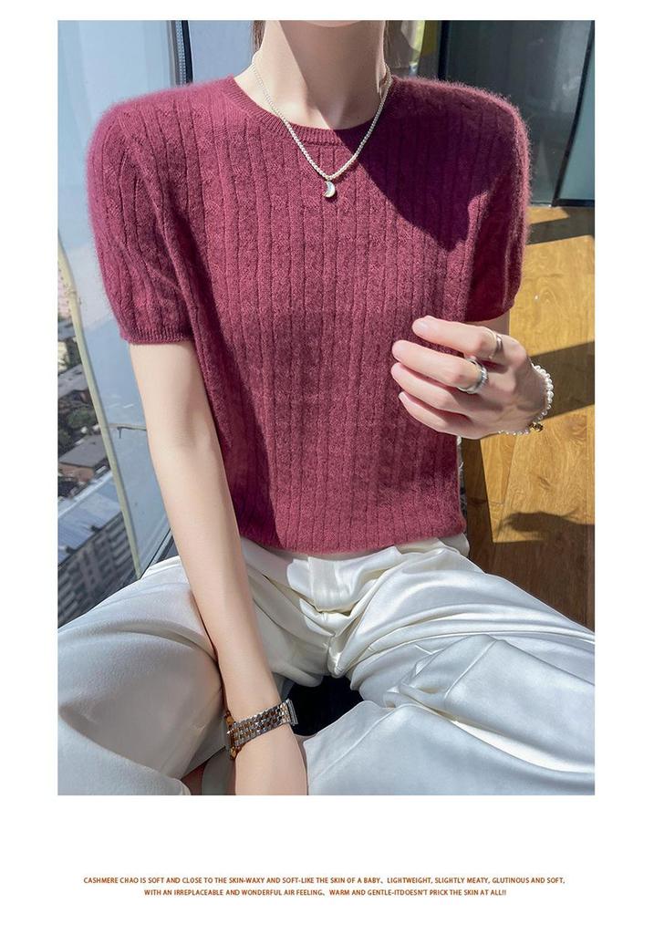 Women's Cable Knit Cashmere Sweater - Round Neck, Five-Sleeve, Solid Color, Perfect for Spring and Autumn.