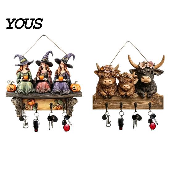 Dunkle Ästhetik Wandkunst Halloween Eingangsbereich Schlüsselhalter mit 4 Haken, Hängendes Holzschild, Montage Partyzubehör-Regal für Schlüssel Taschen Und Leinen,