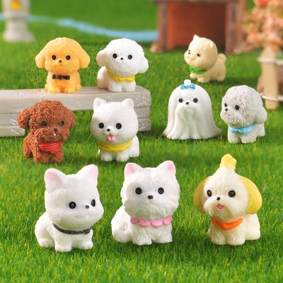 3Pcs Cute Cartoon Bib Puppy Mini Resin Figurines Garden Moss Miniature Landscape DIY Ornament Car Desktop Dog Animal Decorations