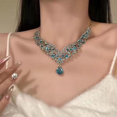 Daughter Celebrity Style Blue Flash Diamond Water Drop Necklace Earrings Set Niche Light Luxury Fashion Exquisite Heavy Industry Accessories Women
