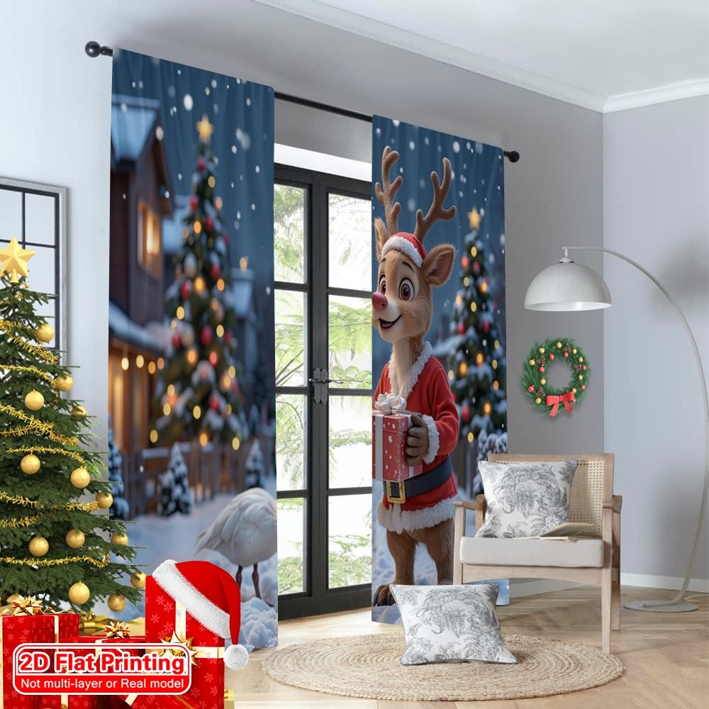 2pcs 2D flat printing Merry Christmas Curtain Cute Deer Christmas Gift Present Fabric Without Electricity Festive Wall Decor for