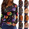 Women's Fashion Long Sleeve Top Halloween Print Round Neck Split Hem Casual Blouse Lightweight Comfortable Fit Seasonal Shirt