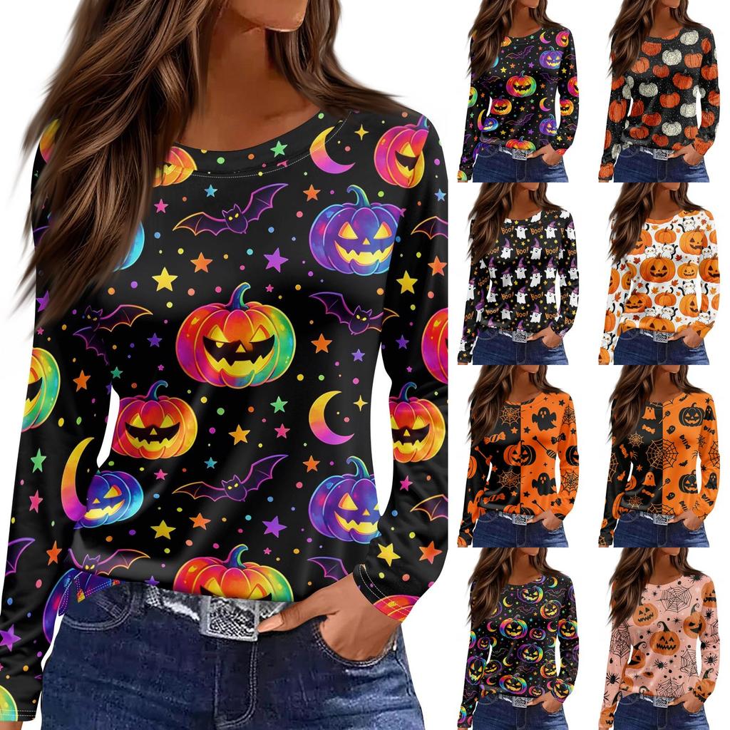 Women's Fashion Long Sleeve Top Halloween Print Round Neck Split Hem Casual Blouse Lightweight Comfortable Fit Seasonal Shirt