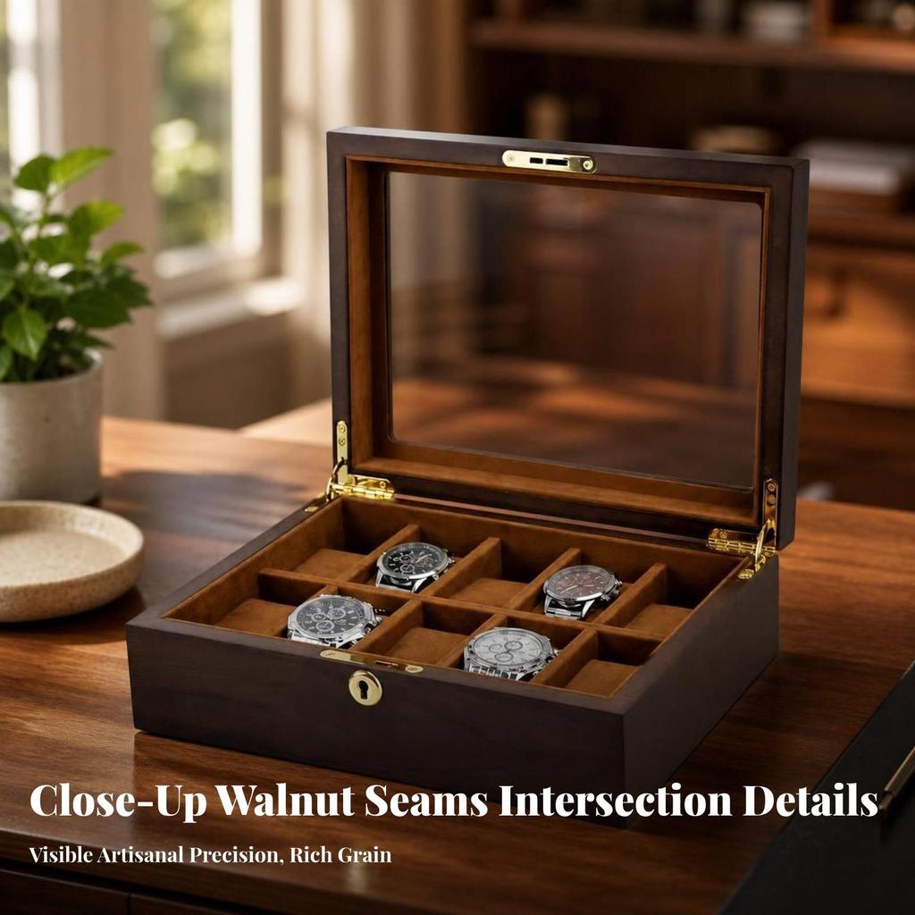 Soft Lining Watch Storage Box with Glass Lid Compartmented Display Case