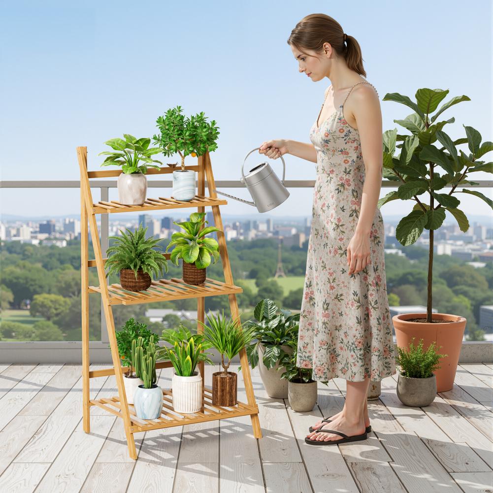 Natural Bamboo 3-Tier Ladder Plant Shelf Foldable Display Rack Sturdy Space Saving for Indoor Outdoor Balcony Flower Pot Decor