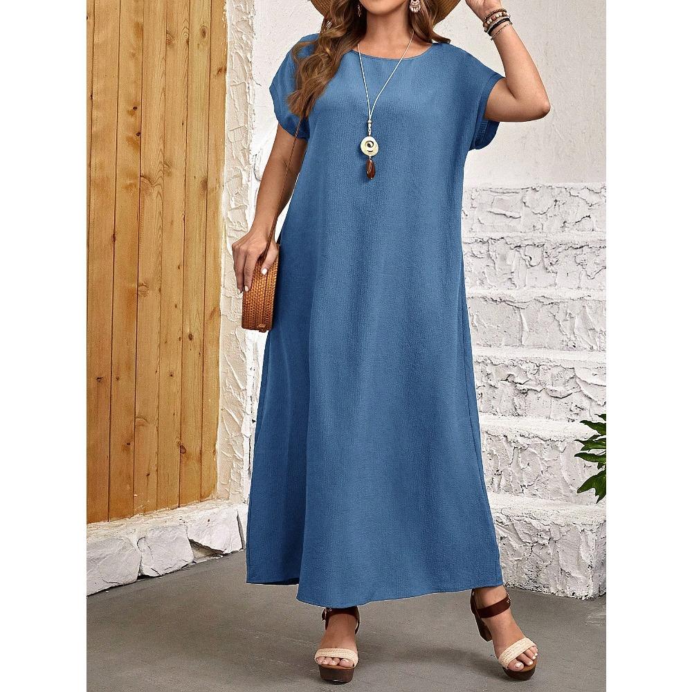 Plus Size Women Summer Casual Floral Print Round Neck Short Sleeve Loose Fit Long Dress