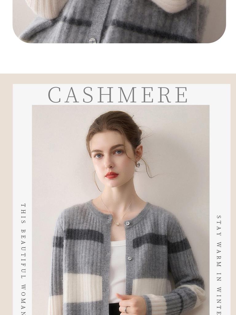Women's 100% Pure Cashmere Color Block Stripe Cardigan - Round Neck, Single-Breasted, Soft & Fashionable Knit Top
