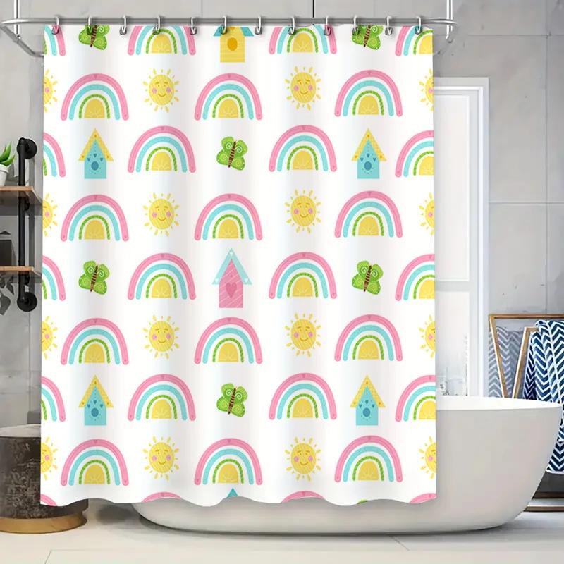 

Rainbow Shower Curtain with Sunflower Home Decor Waterproof Bath Mat Cover Bathroom Accessories for Kids Room Decoration in Show W90xH180cm