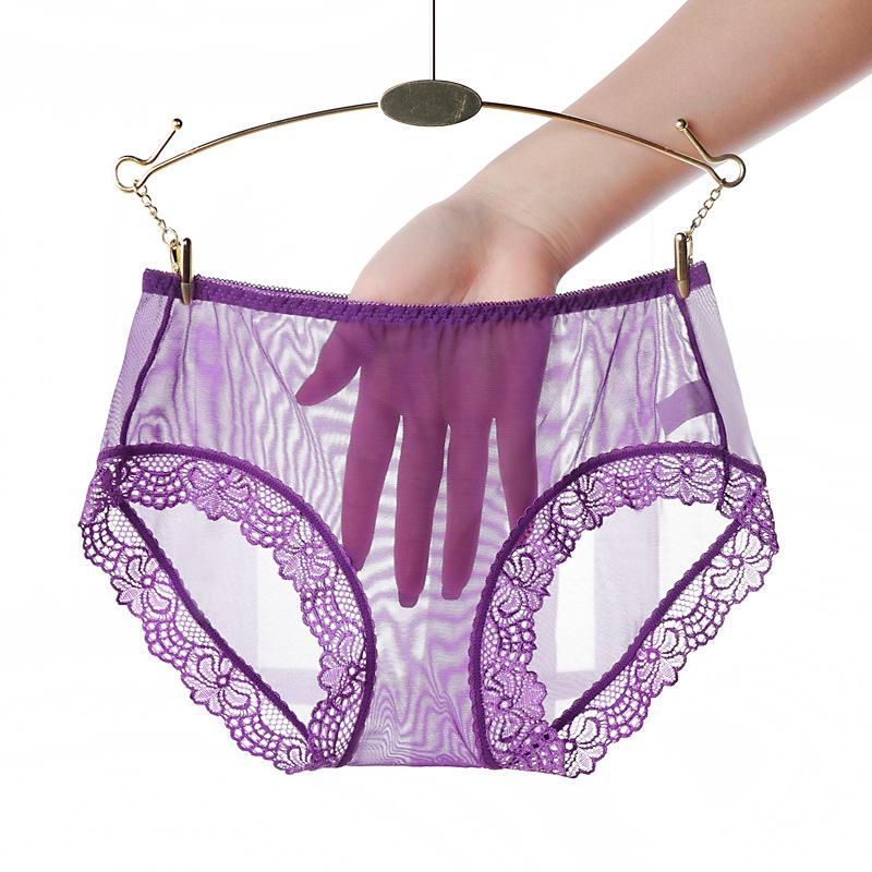 Plussize Ladies Summer Sexy Lace Mesh Full Transparent One-piece Non-mark Middle Waist Triangle Briefs