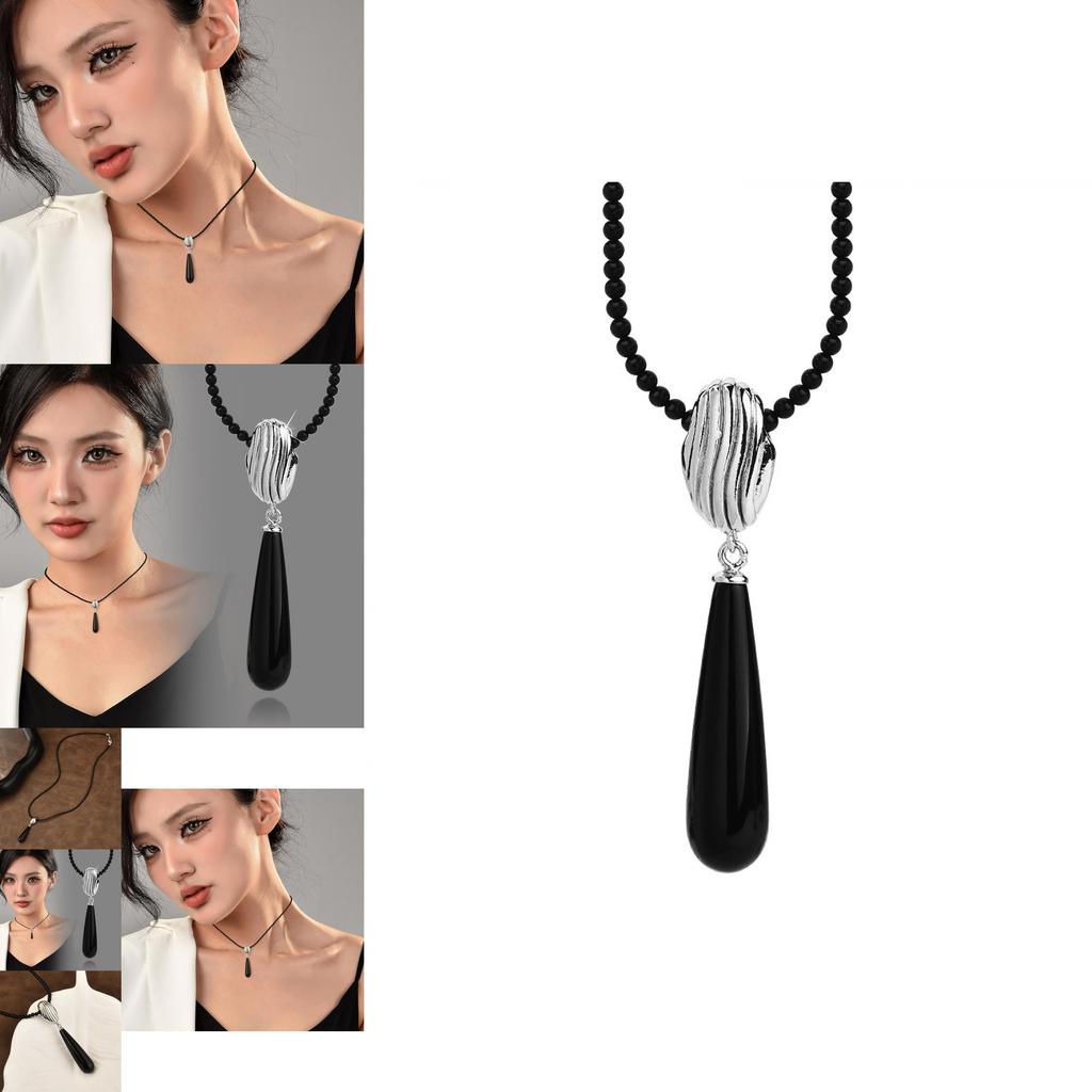 Contemporary Black Onyx Pearl Necklace With Exquisite Gemstone Inlays And Geometry
