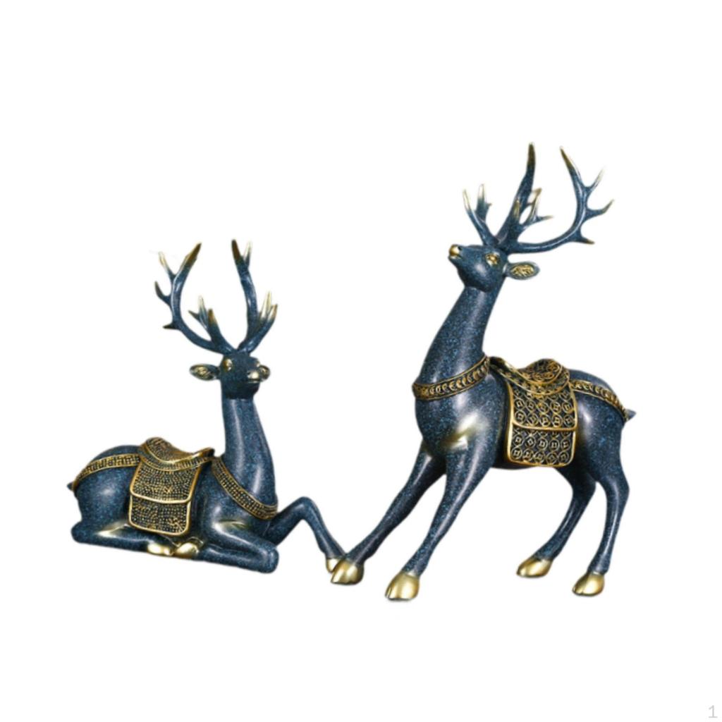 2 Pieces Reindeer Figurines,Resin Sitting Standing Deer Statues Nordic Sculpture,Deer Ornaments for