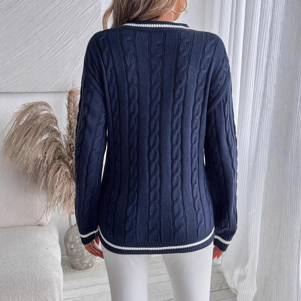 2024 European & American Color Block Cable Knit V-neck Sweater - Autumn/Winter Fashion