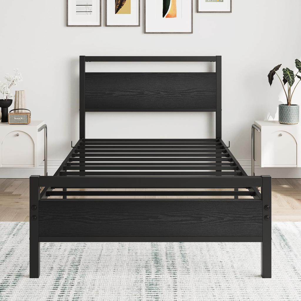 Bed Frame 90x200 Cm Made of Metal & Wood – Stable Single Bed with Slatted Frame & Storage, Guest Bed/Youth Bed