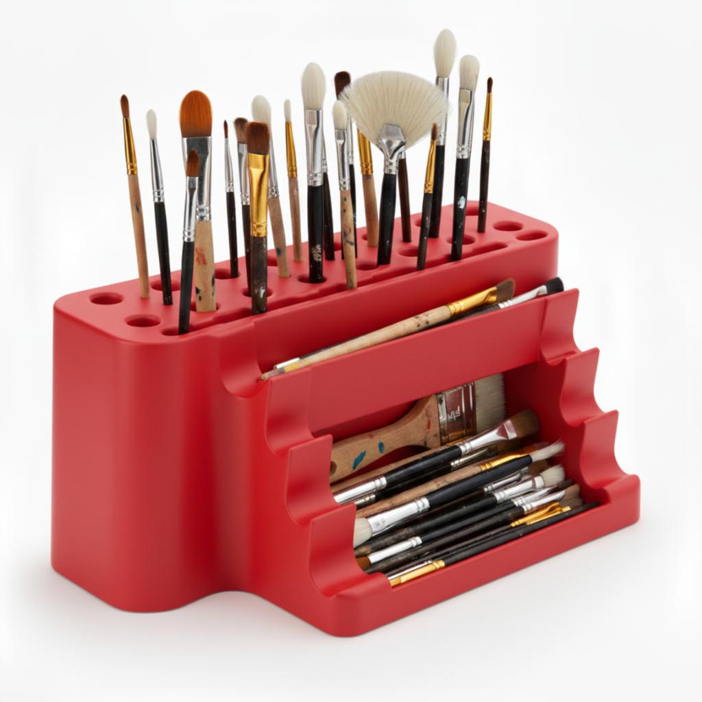 Paint brush organizer, red stand with tray, 26 places