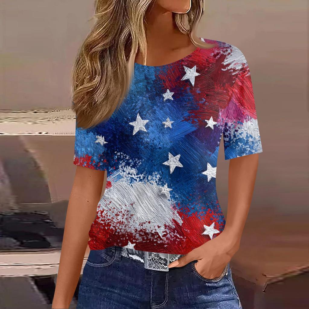Women's Fashionable Casual Short Sleeve Print Round Neck Pullover Top