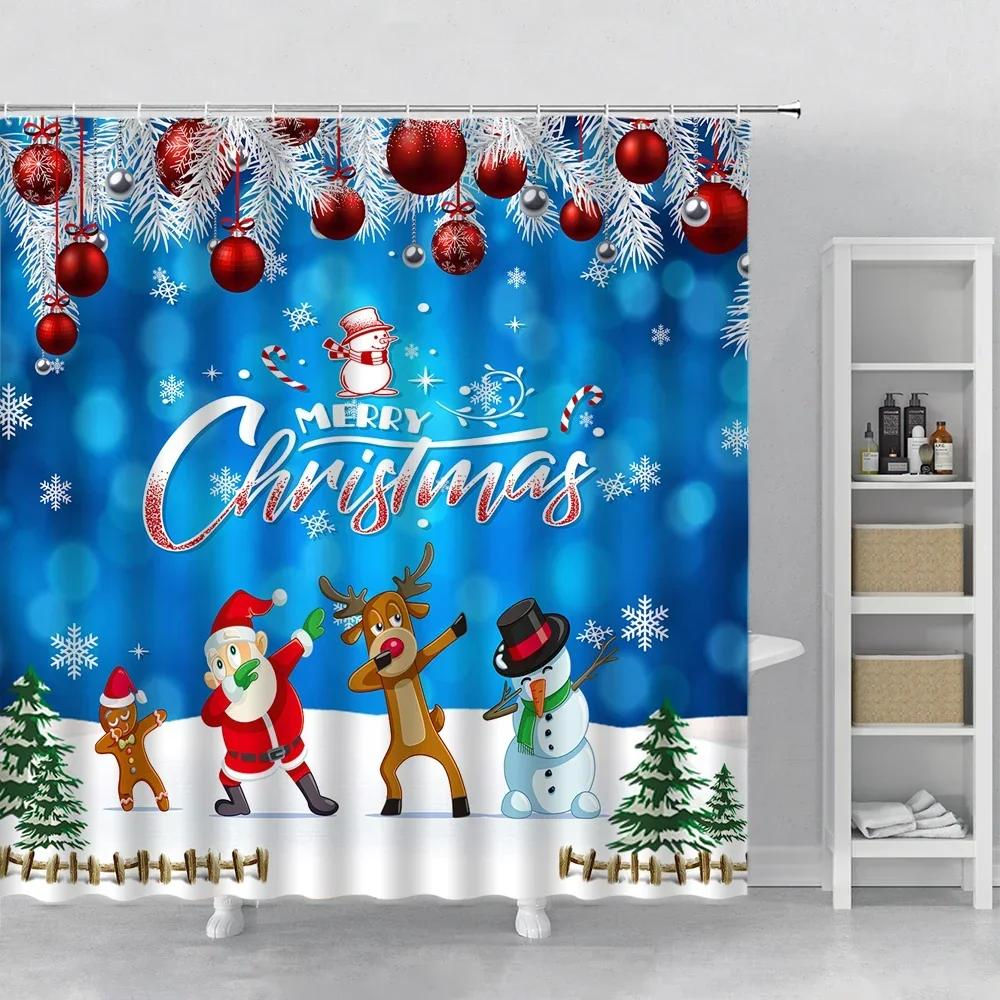 Christmas Shower Curtains Stairs Santa Claus Dancing Prints for Photography Cloth Studio Background New Year Home Bathroom