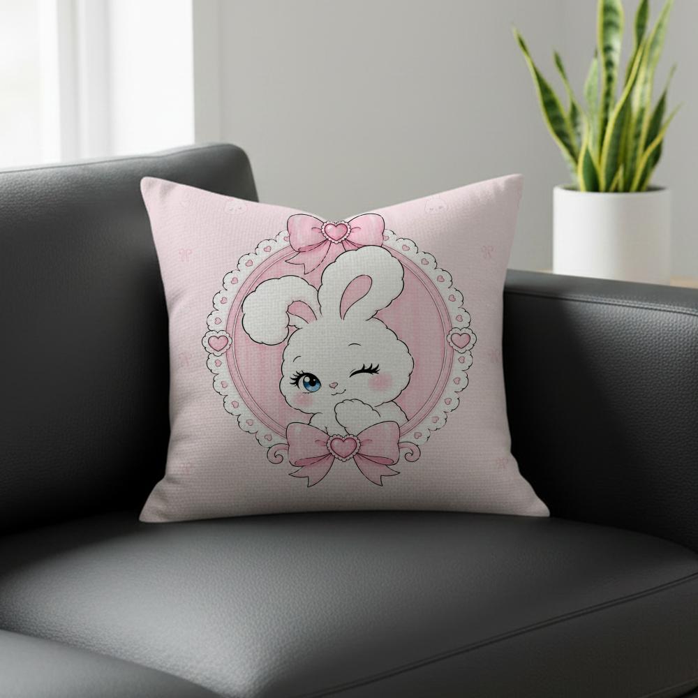 Character Pink Rabbit Cushion Cover Natural Linen Pillowcase Set AllinOne Decor for Sofa Bedroom Chair