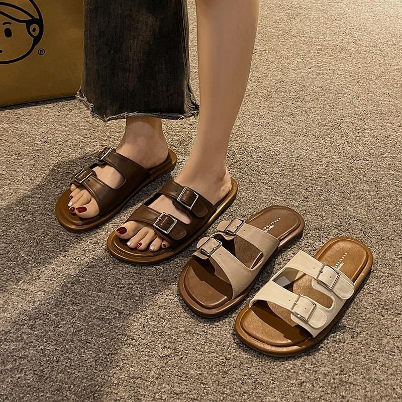 Slippers Casual Beach Shoes Slippers Women's Low Luxury Wooden Shoes Summer 2024 New Fashion Solid Color Sewing Casual