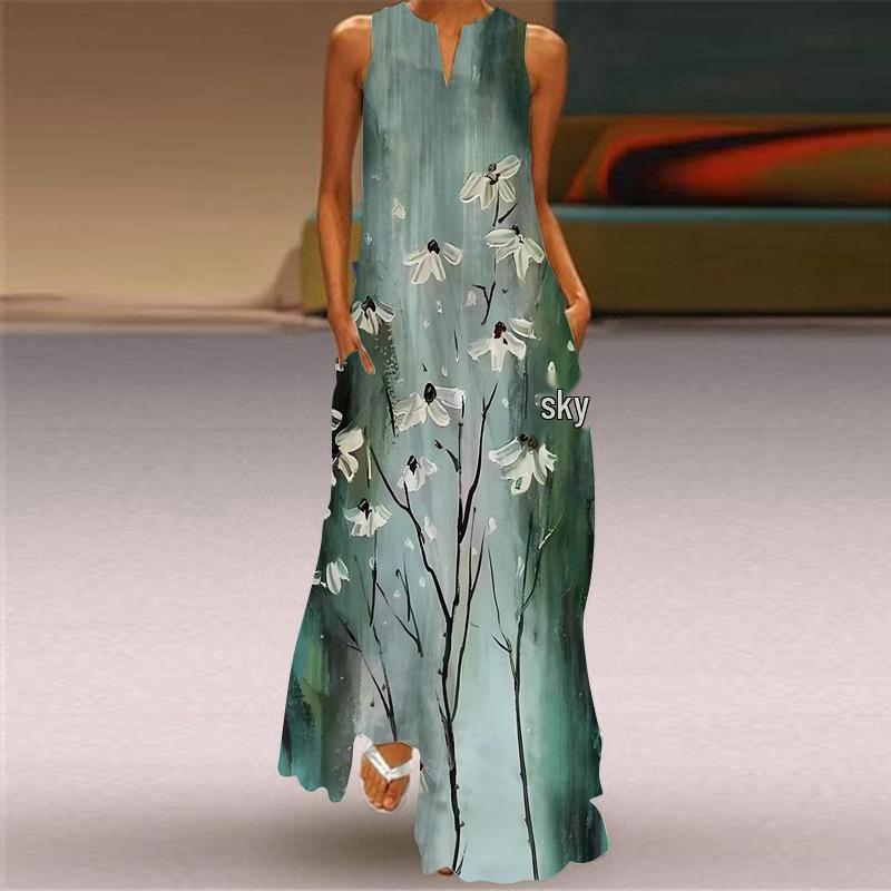 2024 Summer Retro V-Neck Multicolor Sleeveless Maxi Dress
