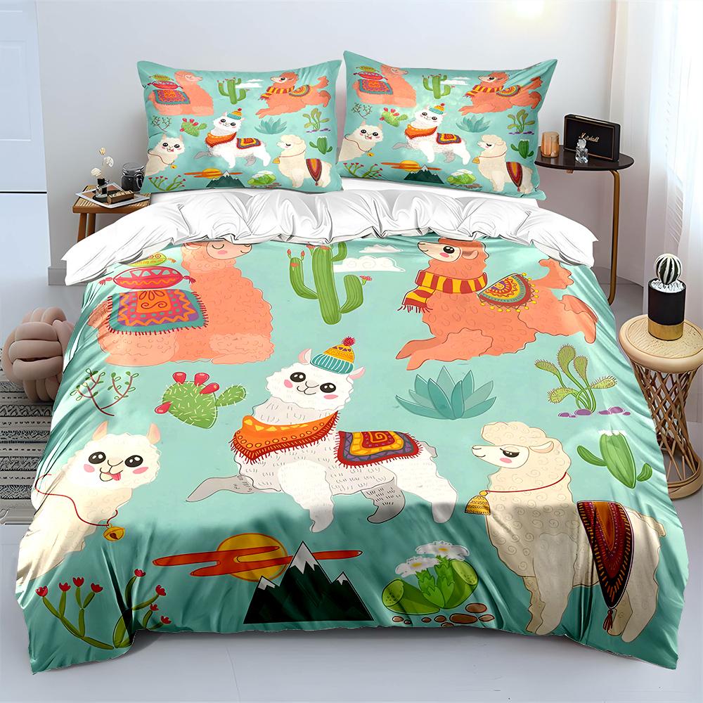 Cute Alpacas Cacti Illustration Bedding Set For Kids Luxury Gift 3Pcs Digital Print Comforter Set Soft Comfortable Breathable
