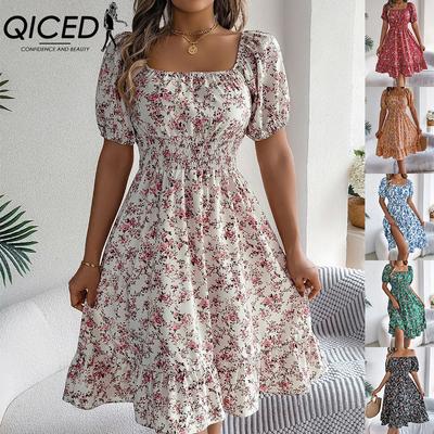 Primavera Verano Estampado floral Cuello cuadrado Manga corta Cintura ceñida Falda acampanada con volantes Ropa de mujer