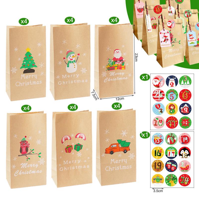 Christmas Gift Bags with Stickers - 24 Sets Advent Calendar Candy Paper Bags