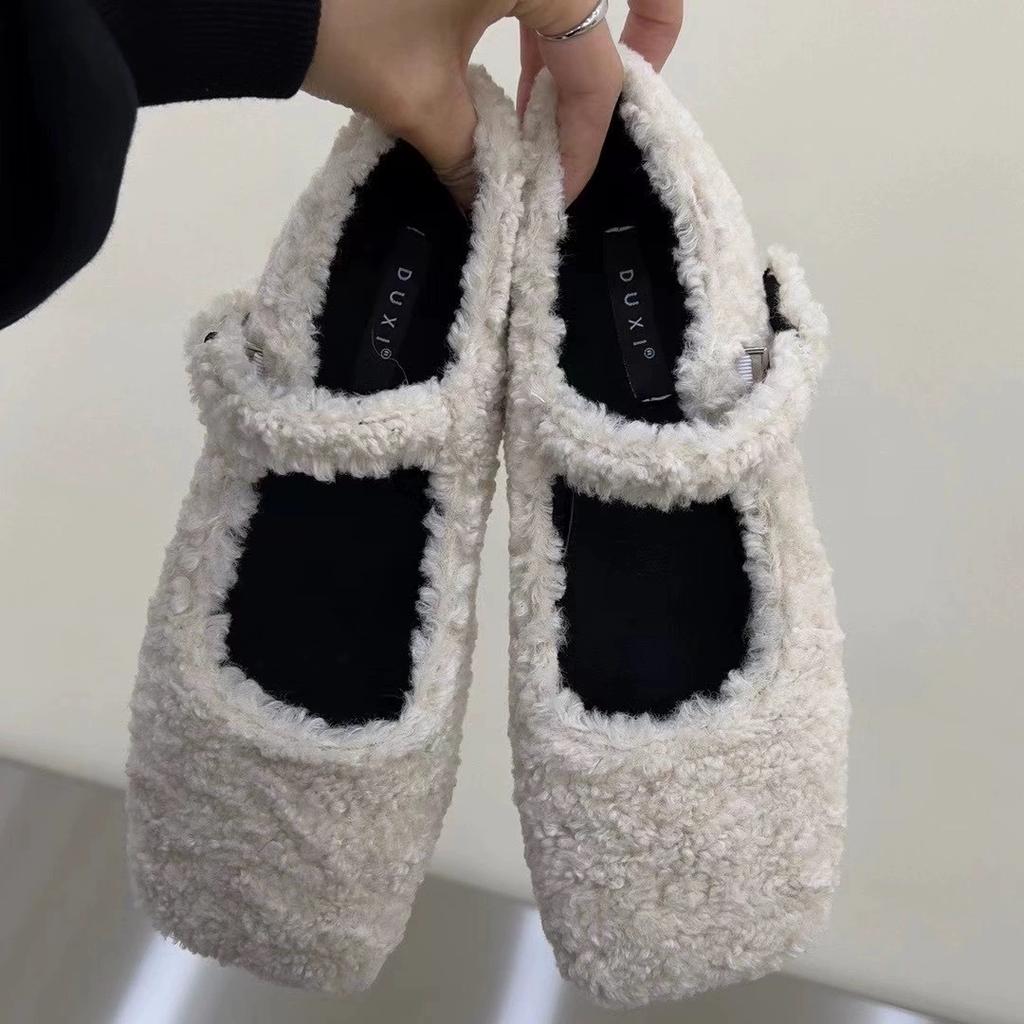 Designer Fashion Square Toe Fleece Flet Ballet Flats Woman Winter Warm Wool Mary Jane Shoes Ladies Brand Elegant Plush Loafers