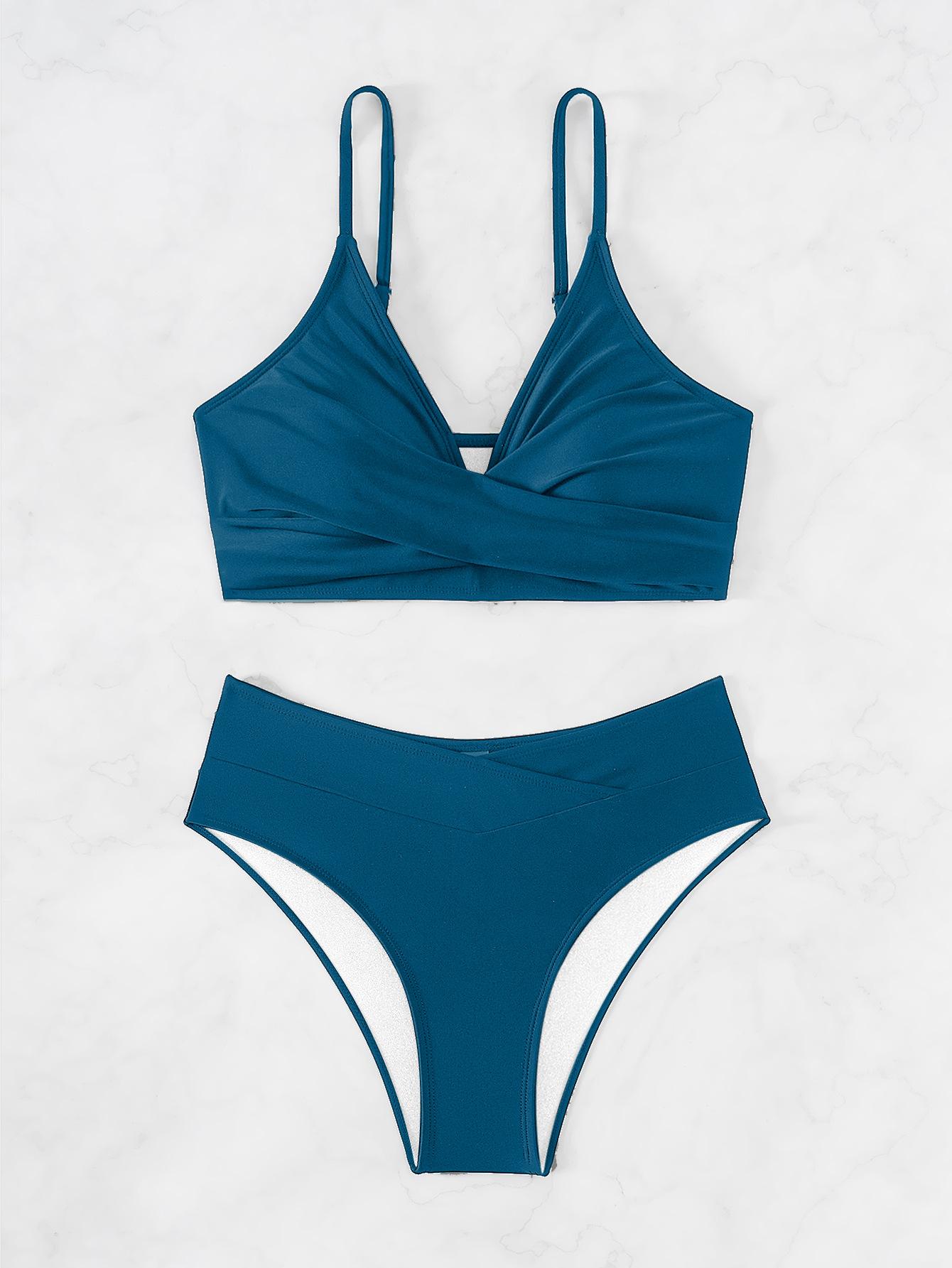 

V-образный вырез с высокой талией и перекрестными бретелями, цветной блок, открытая спина, бикини, пляжная одежда XL темно-синий