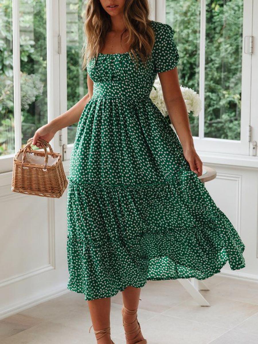 

New Wish Floral Bubble Sleeve Ruched Dress Long Dress XXL зелений