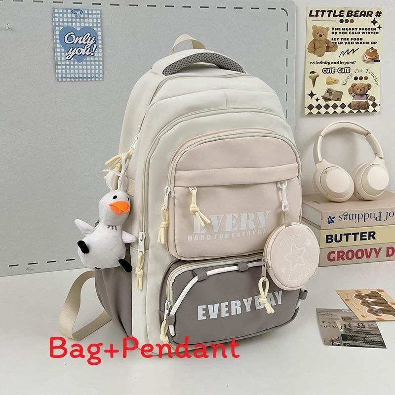 Nylon School Backpack With Color Block Design For Teen Students Khaki