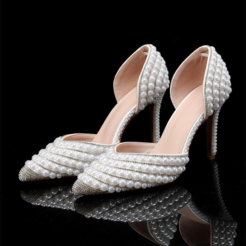 Fashion Luxury Handmade Full Pearls Rhinestones Wedding Women Pumps Elegant Pointed toe Bridal Thin High heels Fashion Party Prom Shoes