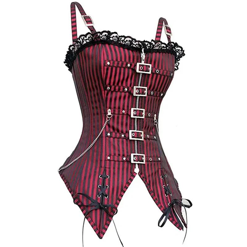 Sexy Women Gothic Corset Bustier Striped Zip Buckled Steampunk Overbust Corselet Vest Punk Rock Style Clothes