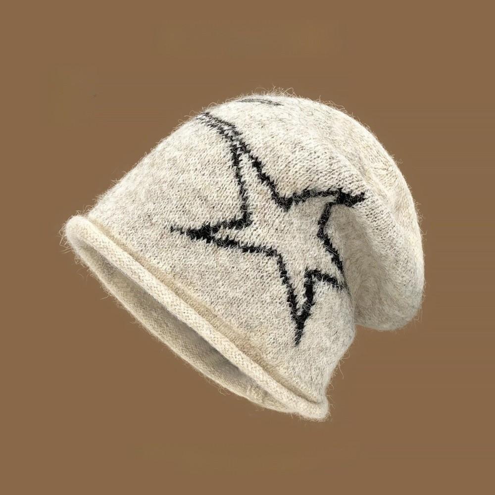 Star Patterned Beanie Cap Edge Curl Slouchy Hat Fashion Skull Cap бежевый